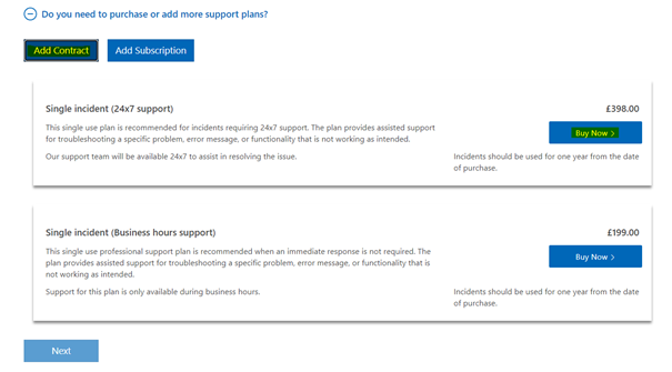 "Add Contract" option and "Buy Now" option being highlighted for the Single incident option.