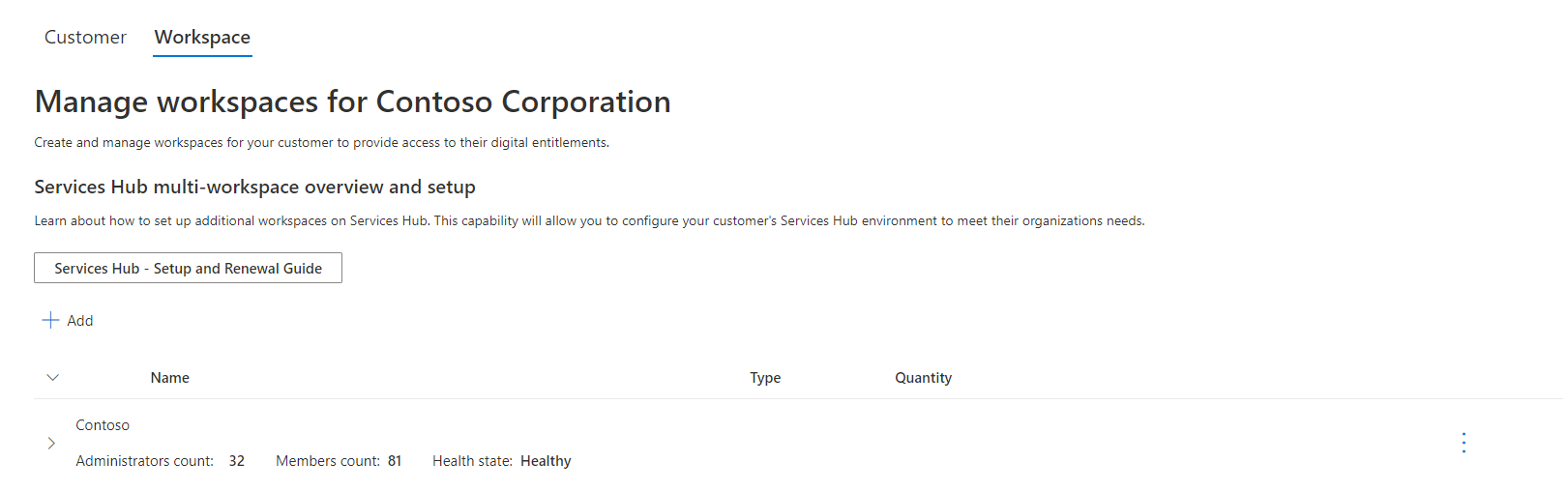 Workspace tab, showing the Services Hub multi-workspace overview and setup section.