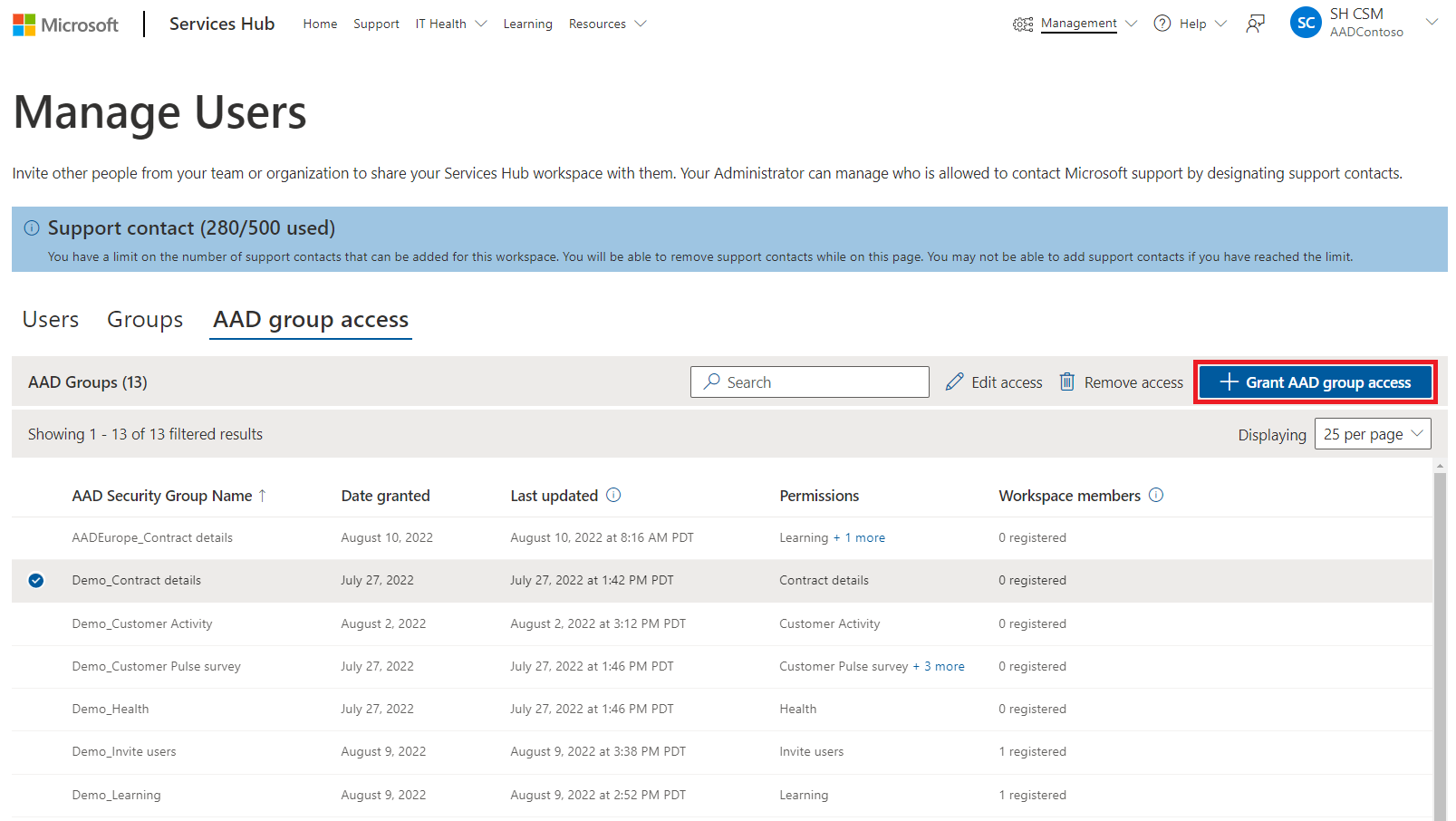 Image showing the Microsoft Entra group access dashboard with the + Grant Microsoft Entra group access button outlined in red.