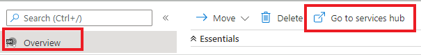 The Services Hub Connector window. Overview is selected on the left navigation. Go to Services Hub is selected on the top navigation.