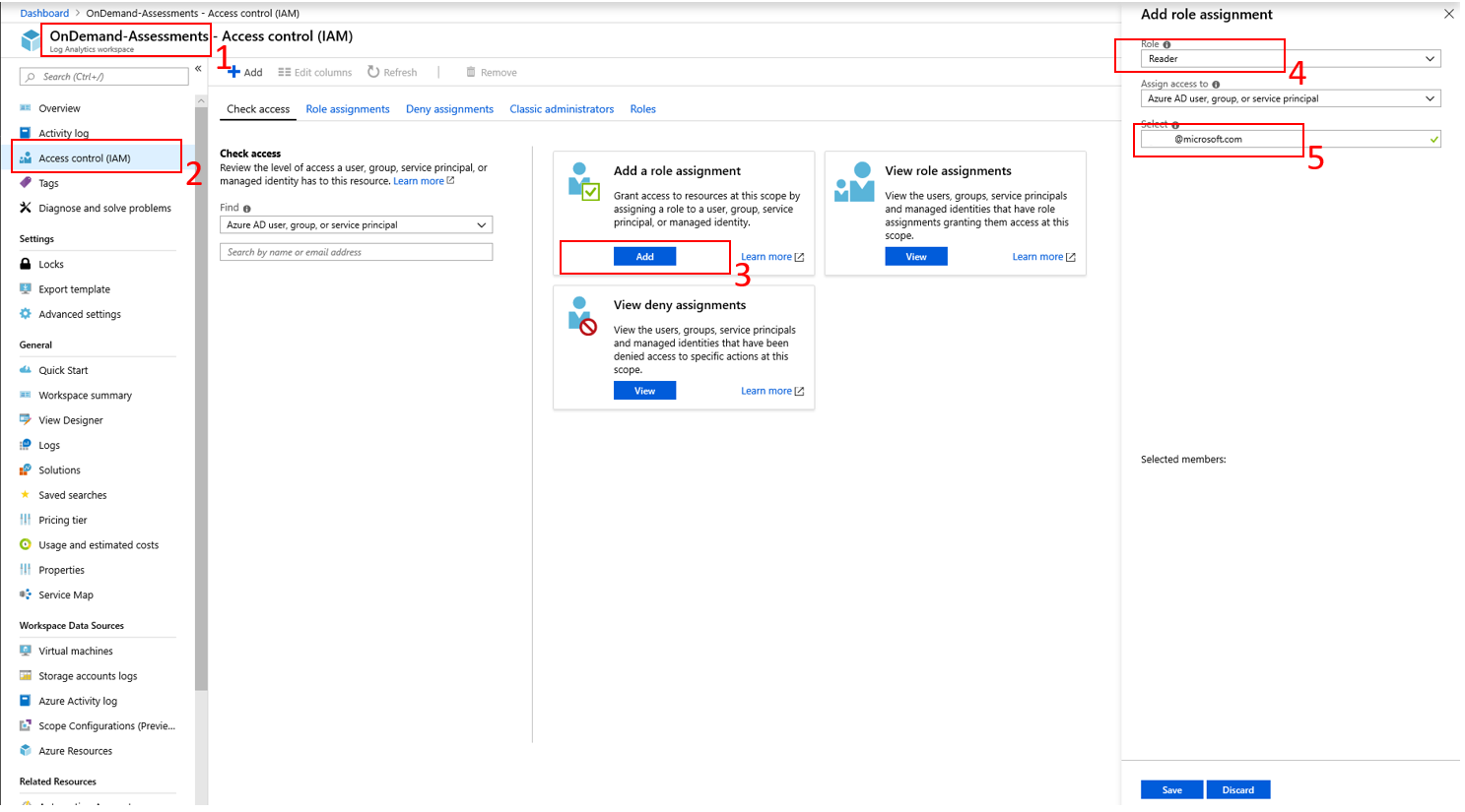 The Azure Access Control Pane with highlighted options.