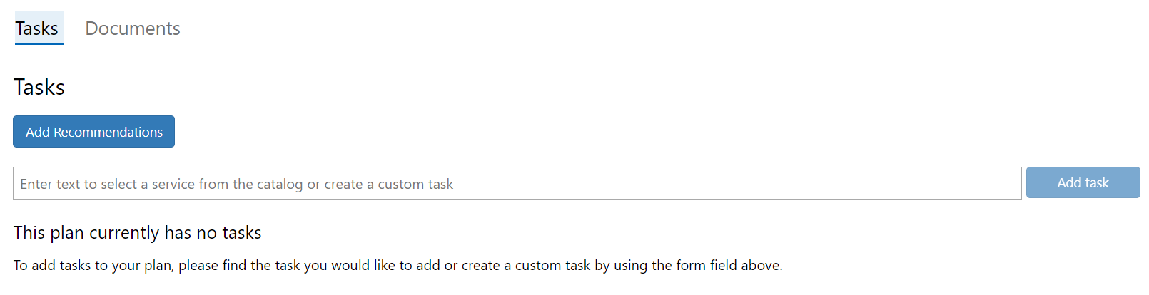 The Tasks view, which is showing the Add recommendations button and that there are currently no selected tasks.