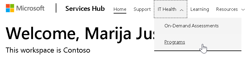 Navigating to Programs from Services Hub Primary navigation.