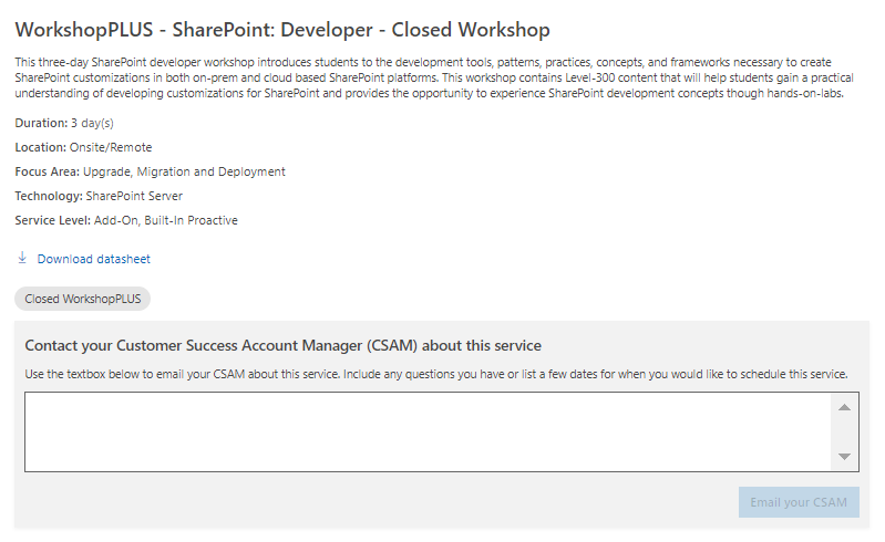 Workshop Plus event page, which shows a text field that a user can fill in to contact their representative about scheduling a class.