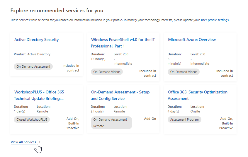 Services Catalog Landing page, which is showing the mouse cursor hovering over the View All Services link.