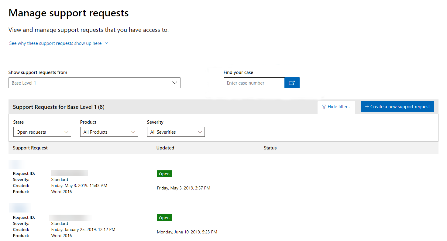 Manage supports requests page, which is showing a list of currently open support cases.