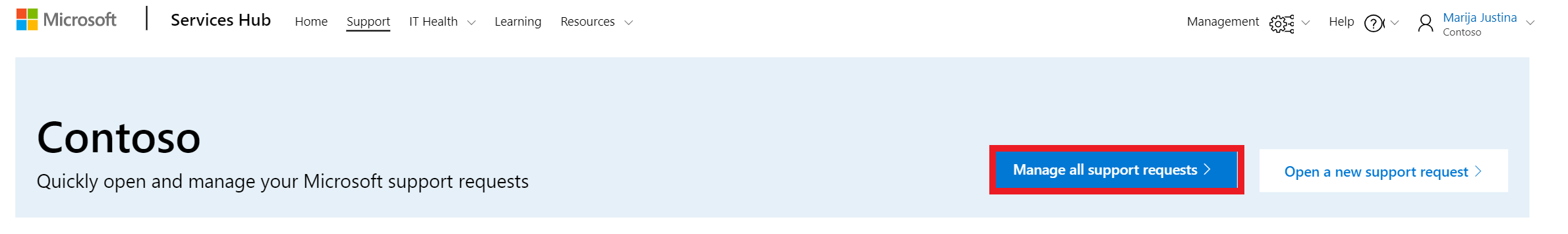 Microsoft Services Hub page, which is showing the Manage all support requests button is highlighted.