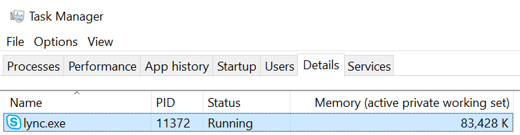 Screenshot that shows the Lync app detail in the Task Manager window with Memory values 83,428K.