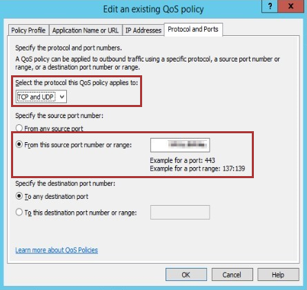 Screenshot that shows the From this source port or range option selected under the Protocol and Ports tab in the Edit an existing Q o S policy window.