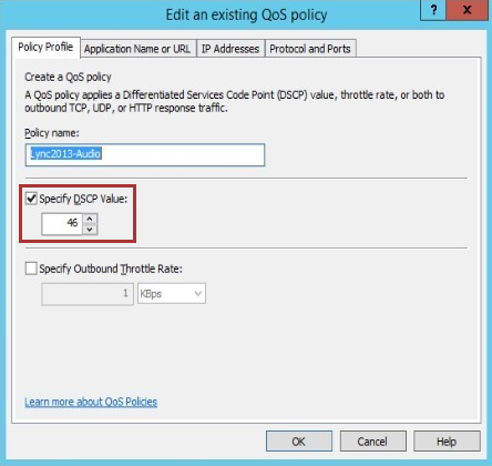 Screenshot that shows the option to edit the Specify D S C P value in the Edit an existing Q o S policy window.