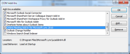 Screenshot that shows the check box for Online Meeting Add-in option is selected.