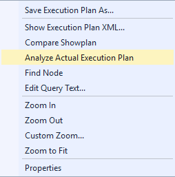 Screenshot showing right-click analyze actual execution plan.