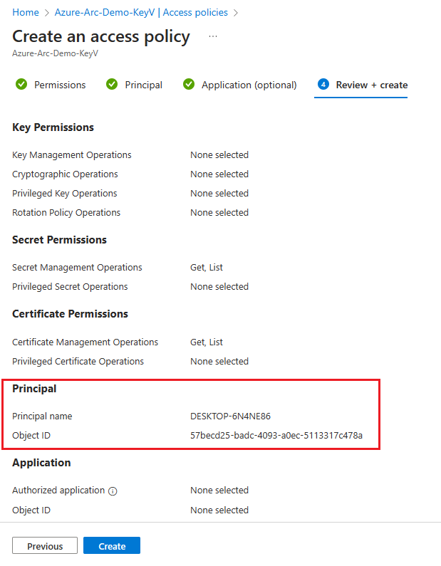 Screenshot of Azure portal to review and create access policy.