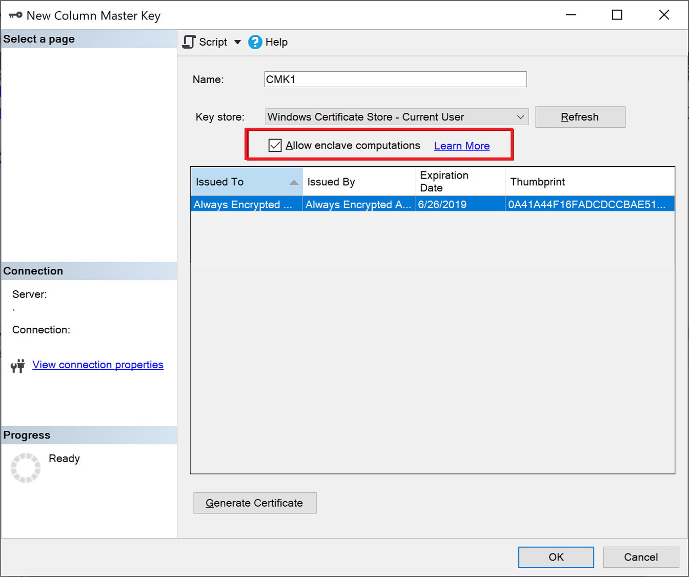 Screenshot of the allow enclave computations selection in SSMS when creating a new column master key.