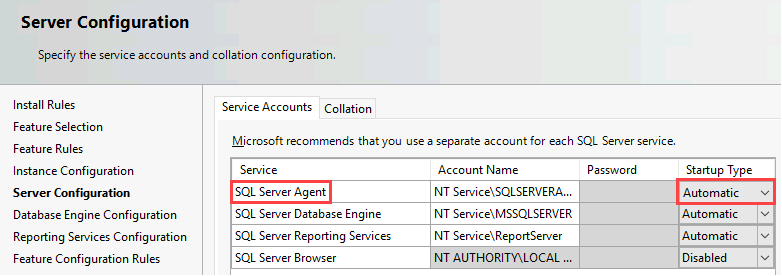 Screenshot of the Server Configuration page. In a table, the SQL Server Agent service and a startup type of Automatic are highlighted.