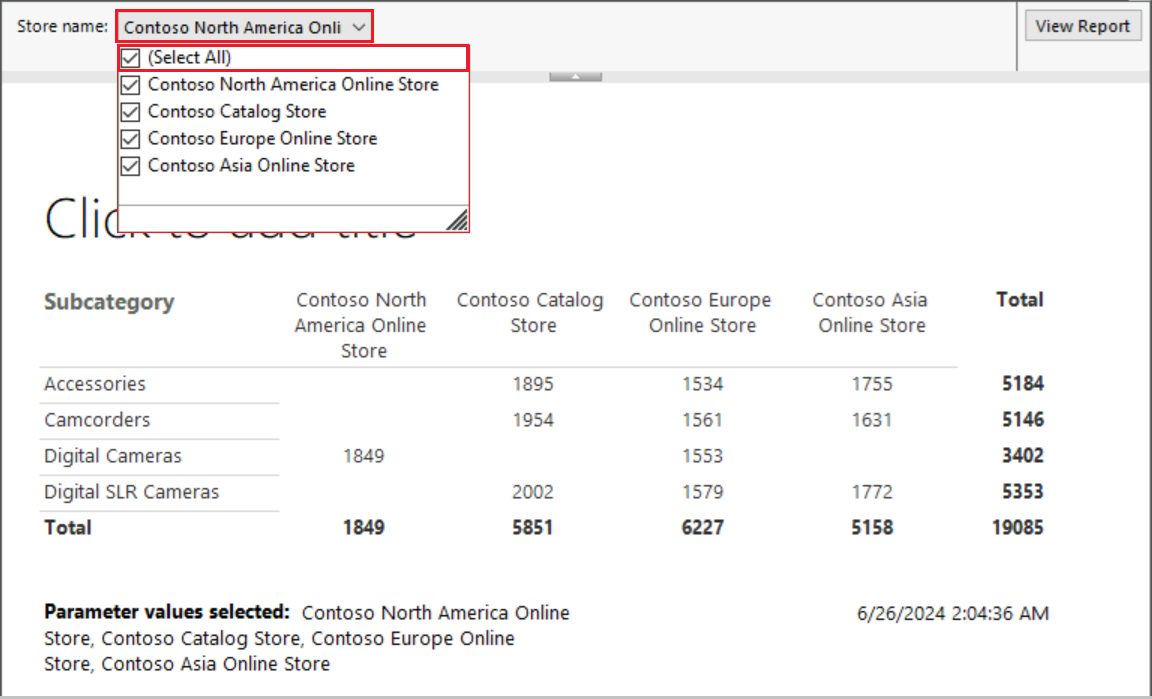 Screenshot that shows how to Select All to see all parameter values in the report.