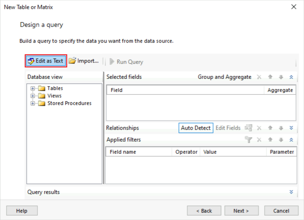 Screenshot that shows the Design a query page in the Table or Matrix Wizard.