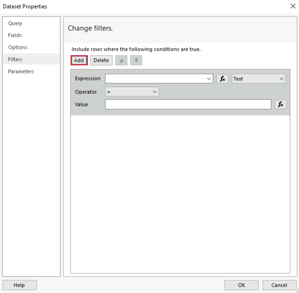 Screenshot of the Dataset Properties dialog box on the Filters tab highlighting the add button.