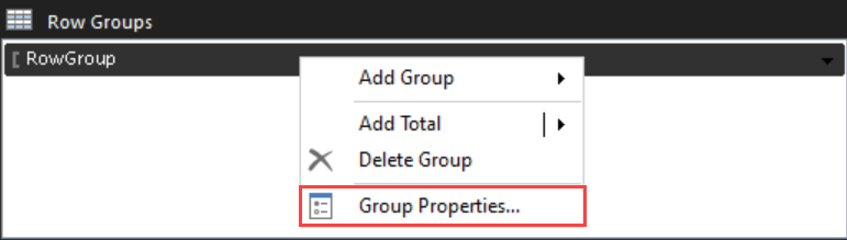 Screenshot of the context menu for a Tablix data region group that highlights the Group Properties option.