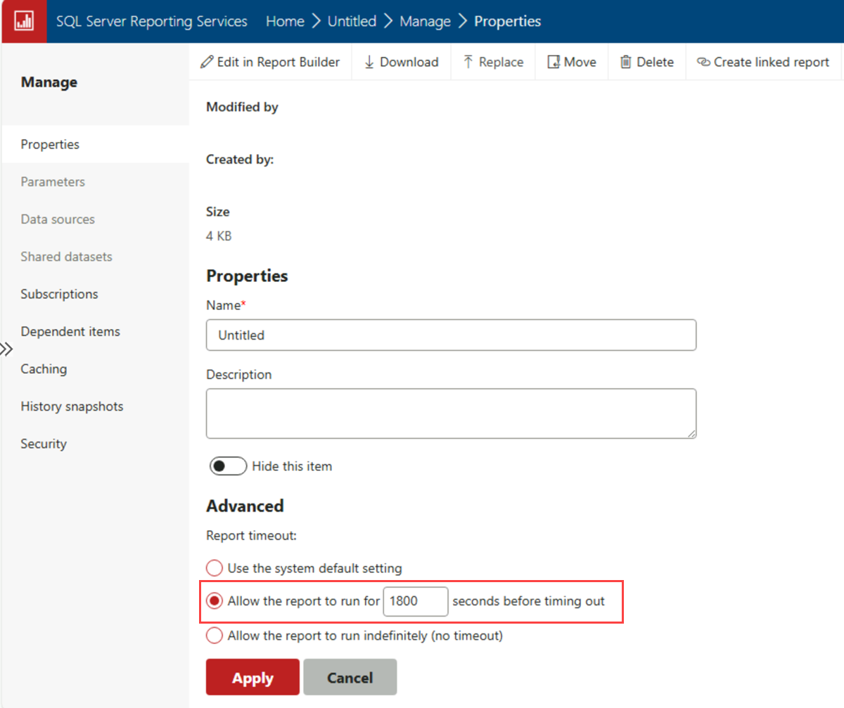 Screenshot of the report Properties page highlighting the Report time out options.