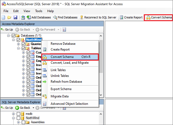 Screenshot that shows Convert Schema.