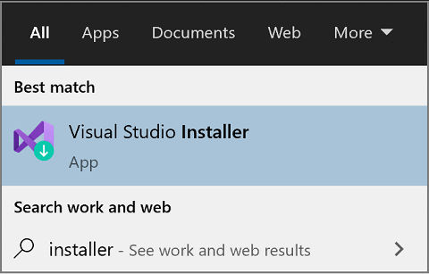 Screenshot of Visual Studio Installer in the Windows Start menu for 2017.