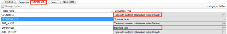 Screenshot of storage options for data warehouse.