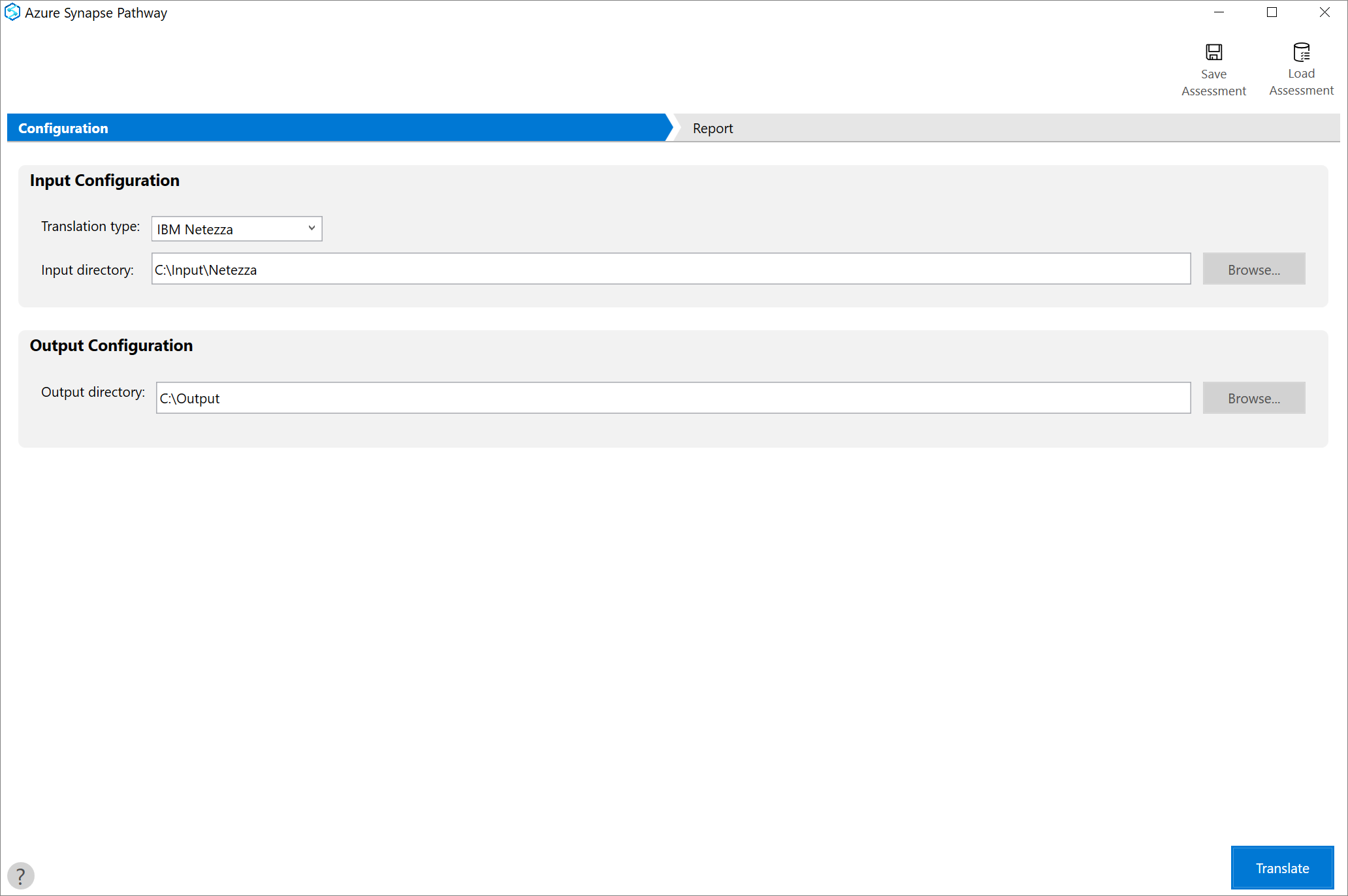 Azure Synapse Pathway assessment configuration showing translation type, input directory, and output directory.