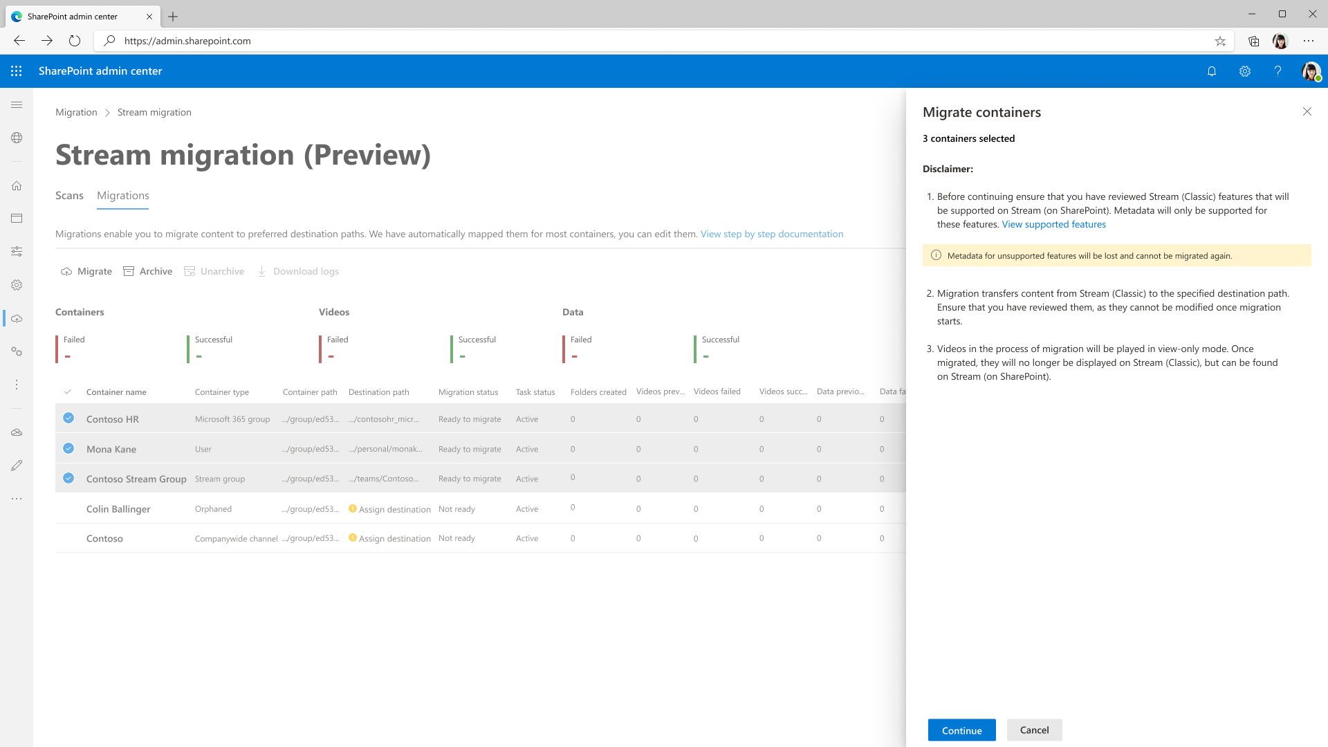 Migrations tab- containers selected for migration right pane