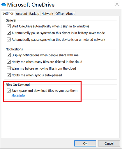 Screenshot of OneDrive settings.