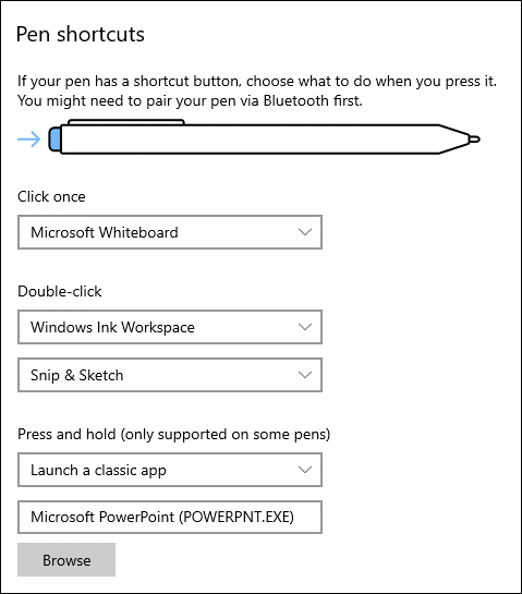 Screenshot of Pen shortcuts.