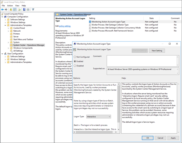 Screenshot of Monitoring action account log on types.