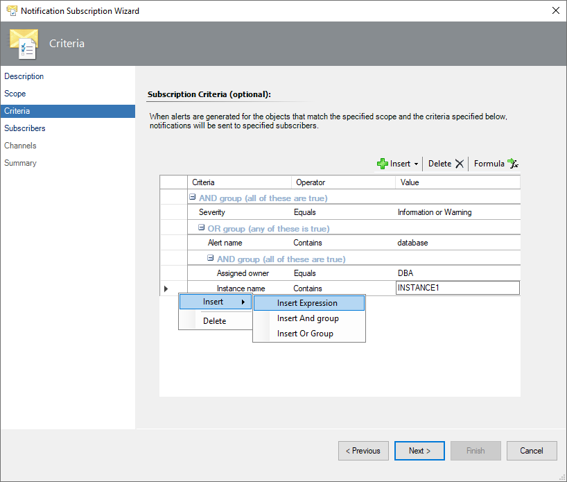 Screenshot showing criteria builder groups expression.