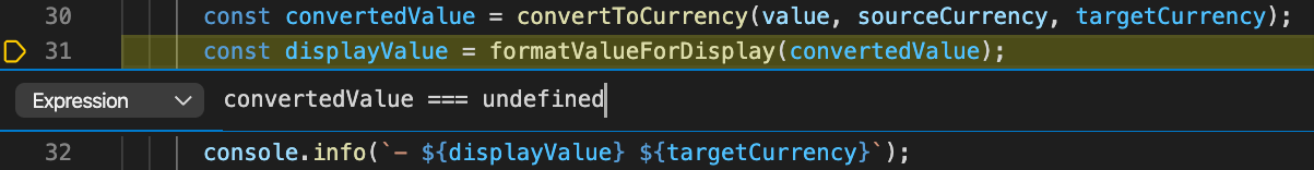 Screenshot of setting a conditional breakpoint in Visual Studio Code.