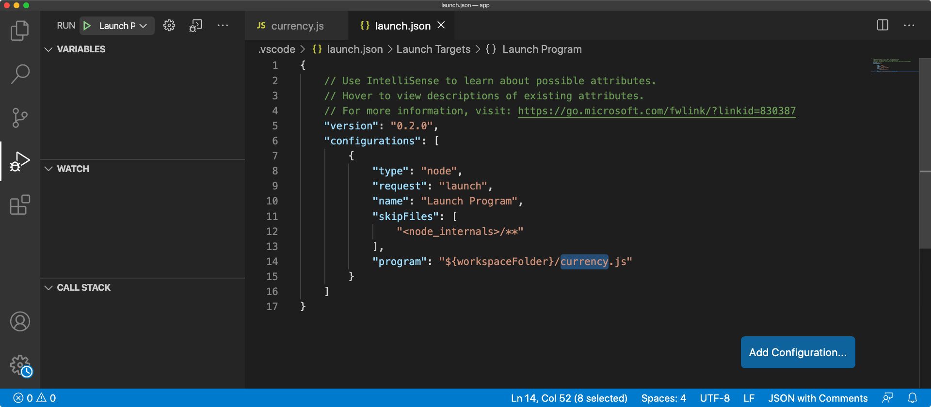 Screenshot of generated launch configuration.