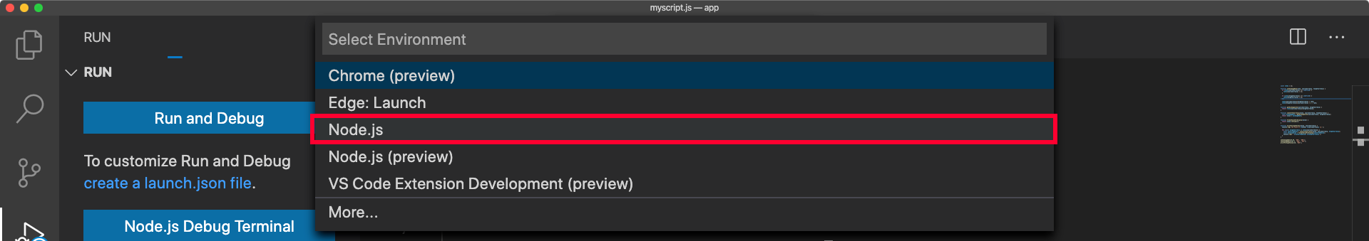 Screenshot of Node.js environment selection drop-down list in Visual Studio Code.