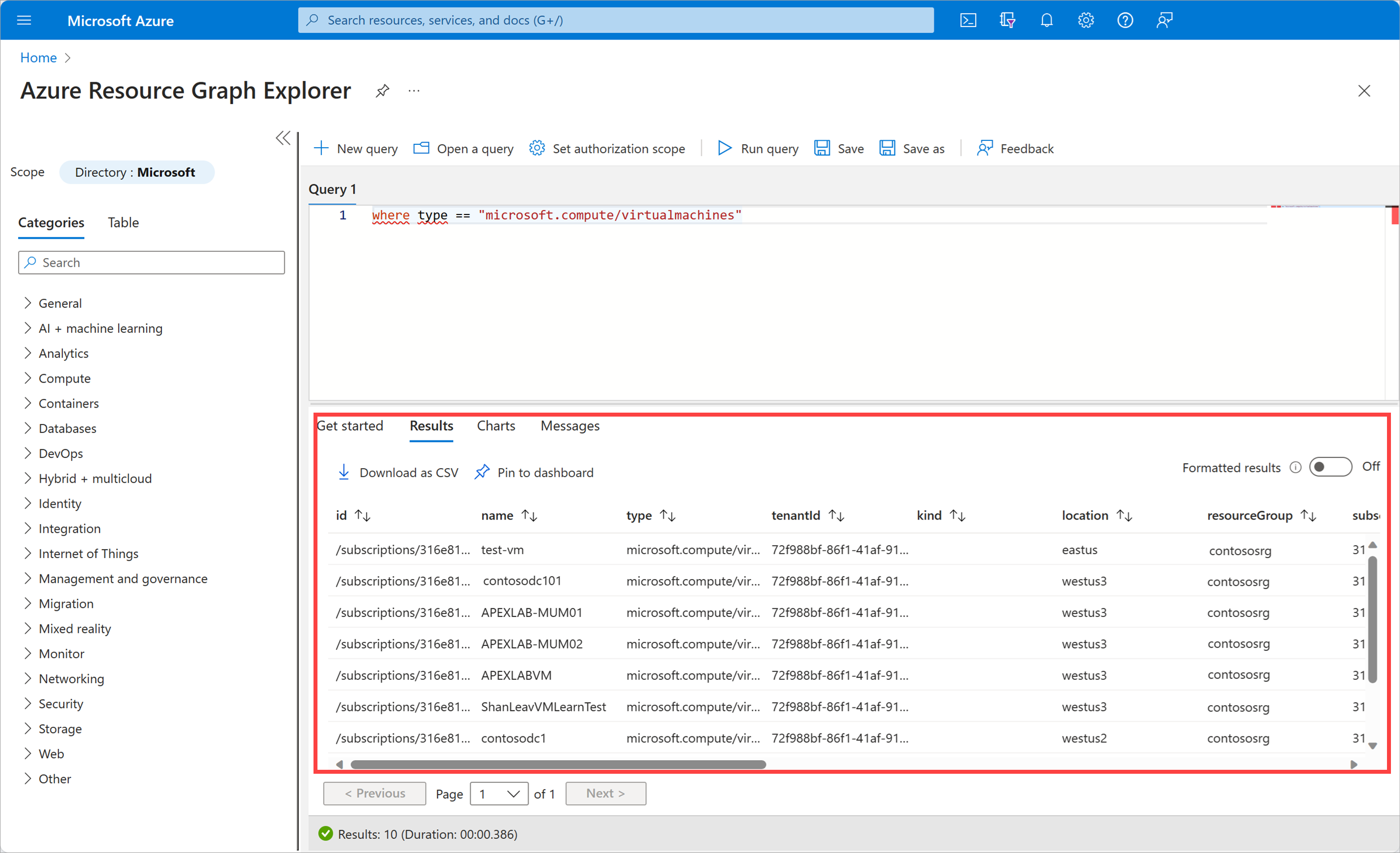 Resource graph panel in the Azure portal with results of query showing table of results.