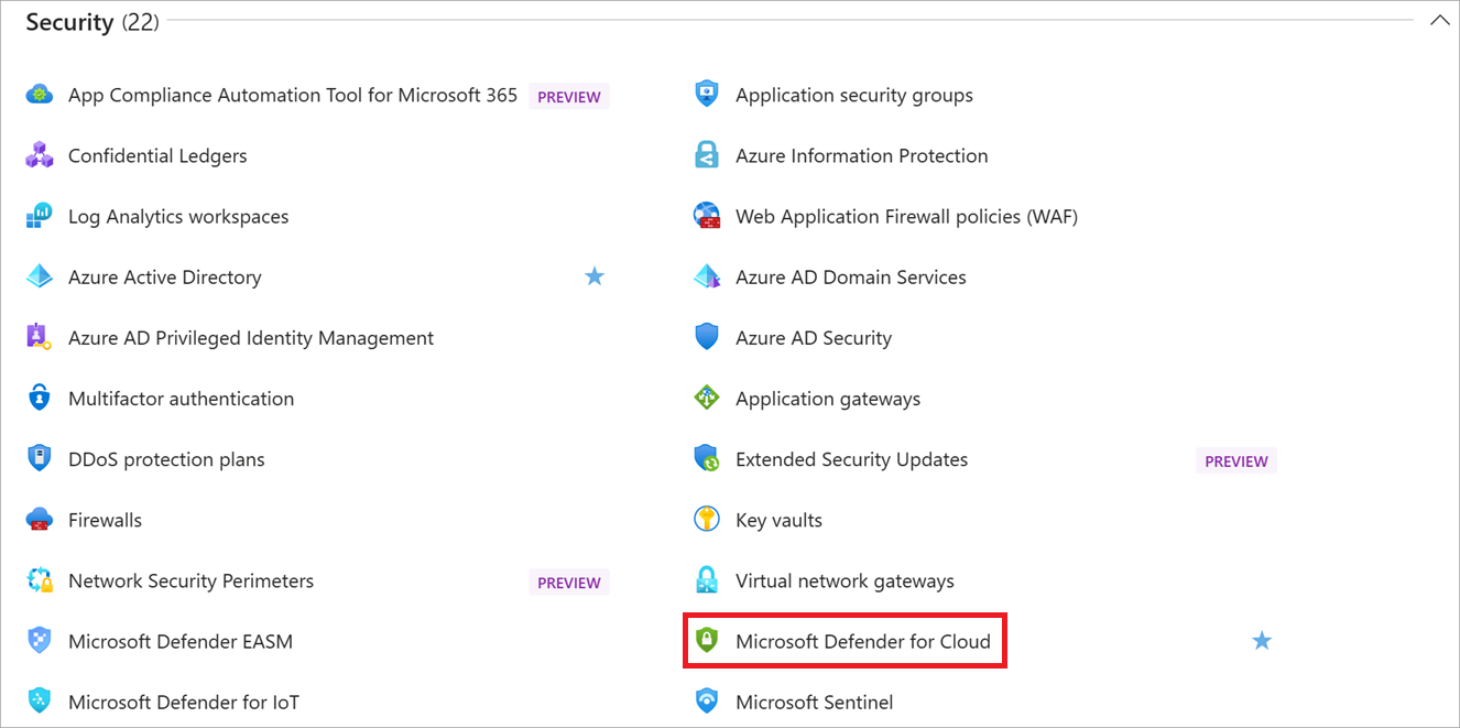 Screenshot showing the All services pane with Defender for Cloud highlighted.