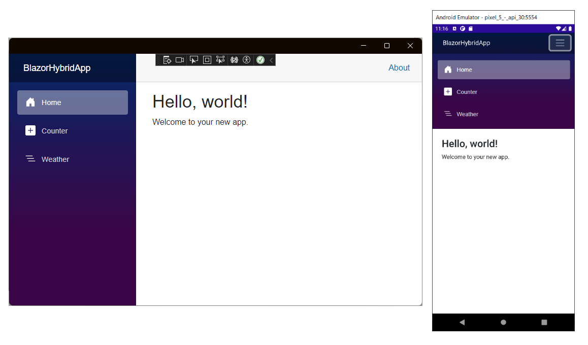 Screenshot of the default Blazor Hybrid app running on Windows and Android.