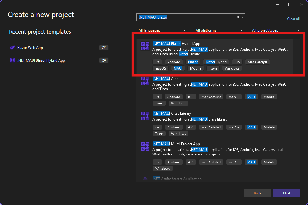 Screenshot of the Visual Studio 2022 Create New Project screen and the .NET MAUI Blazor App template.