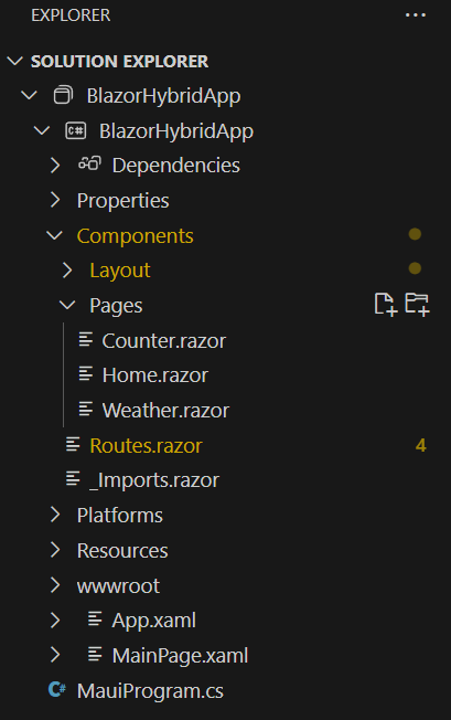 Screenshot of Visual Studio Code Solution Explorer with a list of the files in a default .NET MAUI Blazor project.