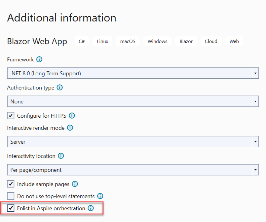 A screenshot of the new project workflow showing the Enlist in Aspire orchestration option highlighted.