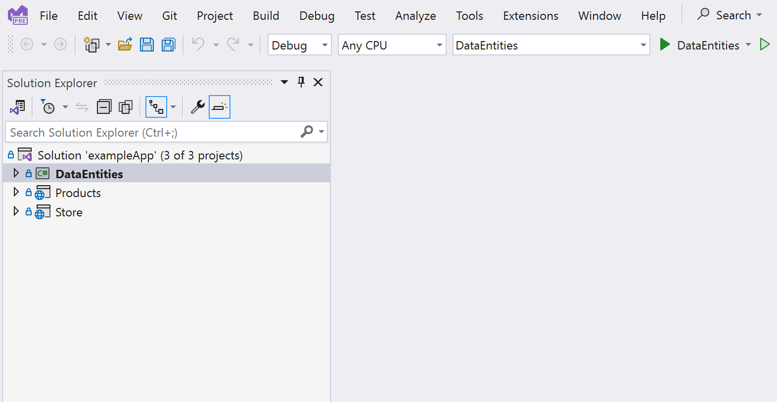 A screenshot of Visual Studio showing the three projects in the demo solution.