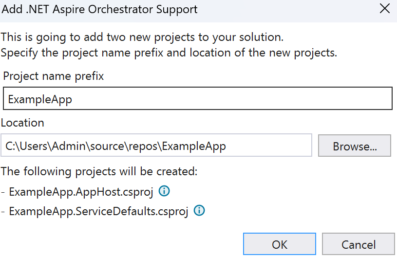 A screenshot of the orchestration dialog in Visual Studio.