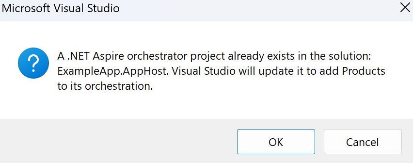 A screenshot of the Visual Studio dialog. A .NET Aspire orchestrator project already exists in the solution.