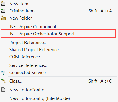 A screenshot of the Add menu showing the .NET Aspire Orchestrator Support highlighted.