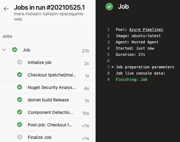 Screenshot of Azure Pipelines showing output from the initial build configuration.