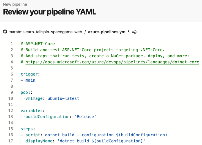 Screenshot of Azure Pipelines showing the initial build configuration.