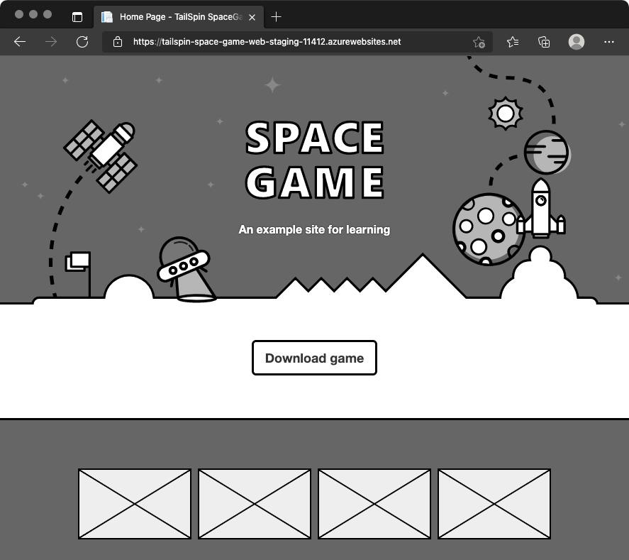 A screenshot of web browser showing the Space Game website in the Staging environment.