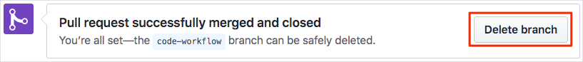 Screenshot of GitHub showing the location of the Delete branch button.